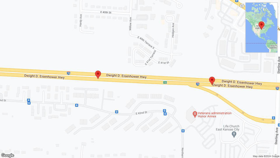 A detailed map that shows the affected road due to 'Broken down vehicle on eastbound I-70 in Kansas City' on August 26th at 6:44 p.m.