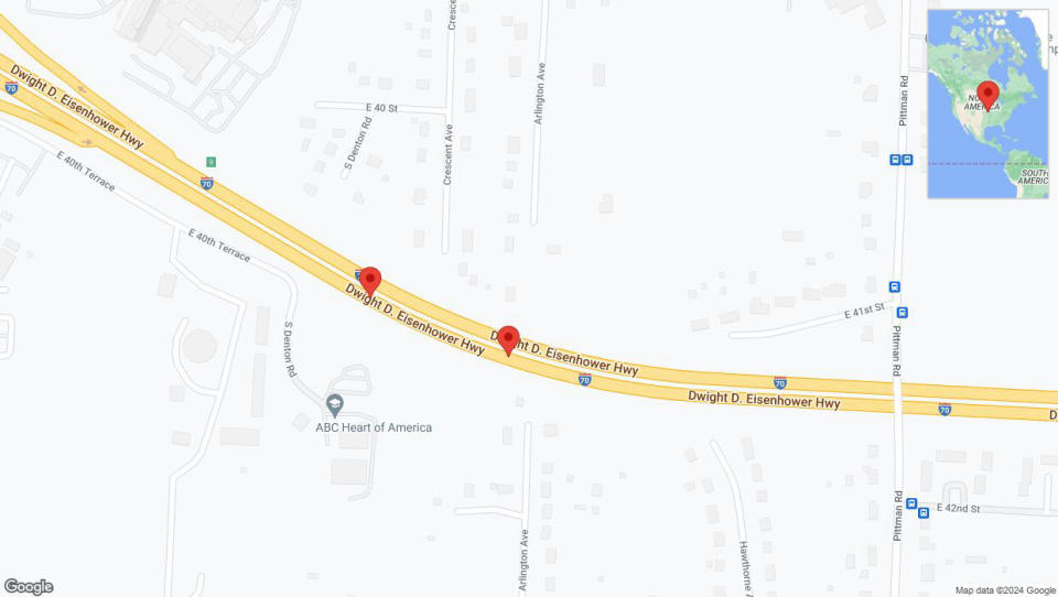 A detailed map that shows the affected road due to 'Broken down vehicle on eastbound I-70 in Kansas City' on August 26th at 5:44 p.m.