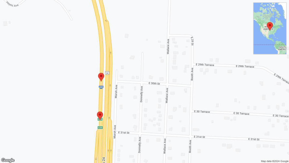 A detailed map that shows the affected road due to 'Broken down vehicle on southbound I-435 in Kansas City' on August 26th at 6:50 p.m.