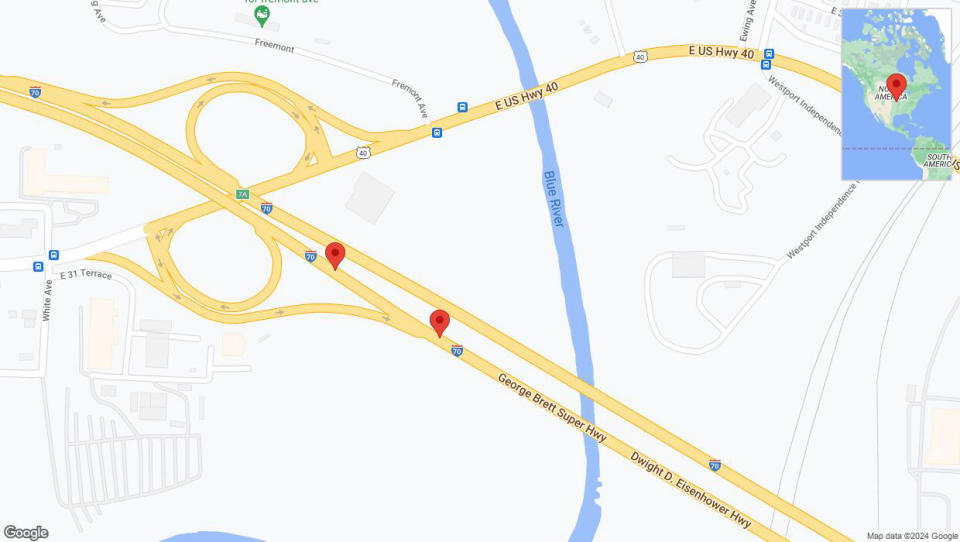 A detailed map that shows the affected road due to 'Broken down vehicle on eastbound I-70 in Kansas City' on August 26th at 3:02 p.m.