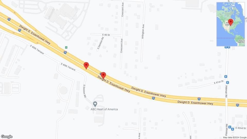 A detailed map that shows the affected road due to 'Broken down vehicle on eastbound I-70 in Kansas City' on August 26th at 1:14 p.m.