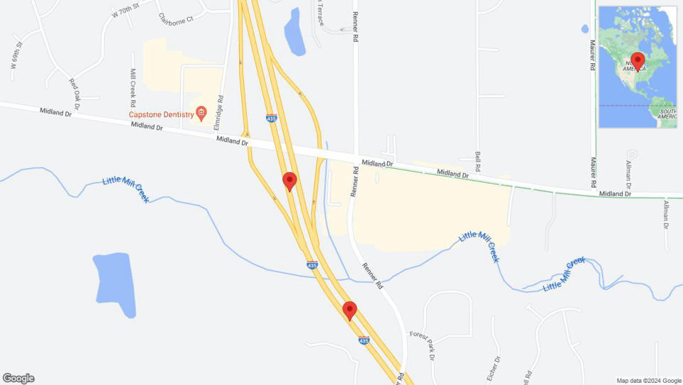 A detailed map that shows the affected road due to 'Lane on I-435 closed in Shawnee' on August 26th at 1:38 p.m.