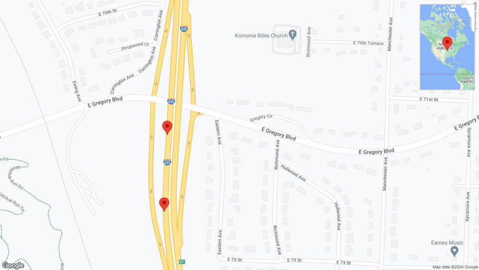 A detailed map that shows the affected road due to 'Broken down vehicle on southbound I-435 in Kansas City' on August 26th at 3:20 p.m.