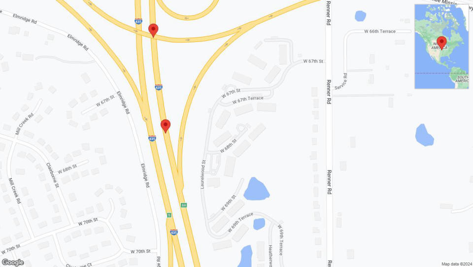 A detailed map that shows the affected road due to 'Broken down vehicle on northbound I-435 in Shawnee' on August 26th at 1:14 p.m.