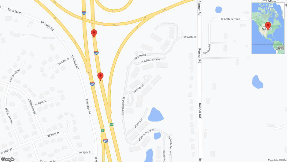 A detailed map that shows the affected road due to 'Broken down vehicle on northbound I-435 in Shawnee' on August 26th at 1:02 p.m.