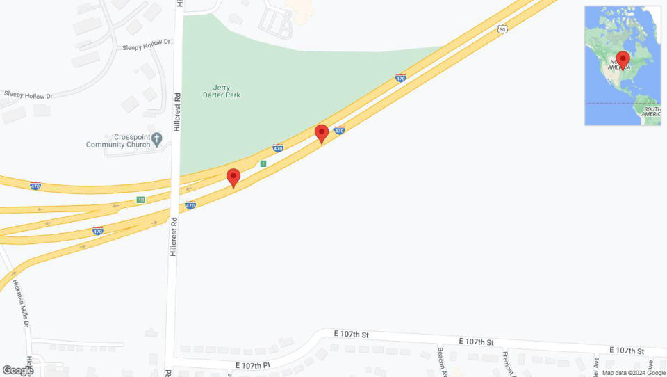 A detailed map that shows the affected road due to 'Broken down vehicle on eastbound I-470 in Kansas City' on August 26th at 2:14 p.m.