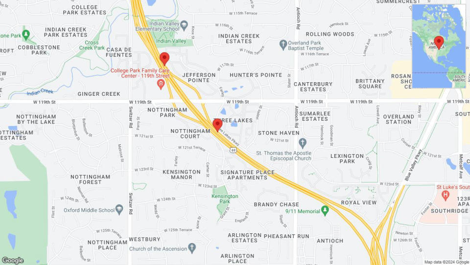 A detailed map that shows the affected road due to 'US-69 North closed in Overland Park' on August 26th at 9:08 p.m.