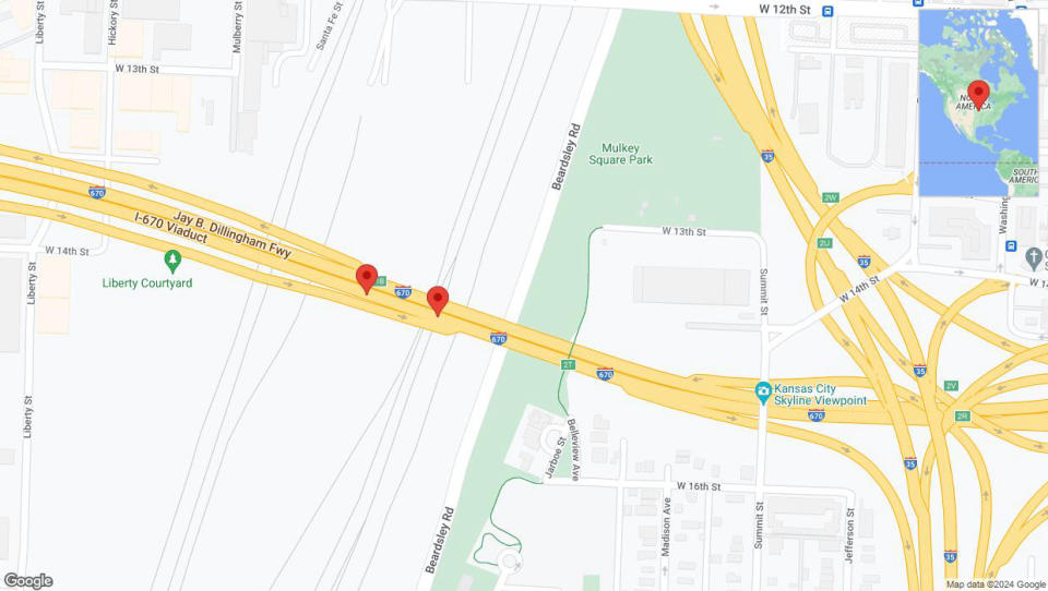 A detailed map that shows the affected road due to 'Broken down vehicle on eastbound I-670 in Kansas City' on August 26th at 4:44 p.m.