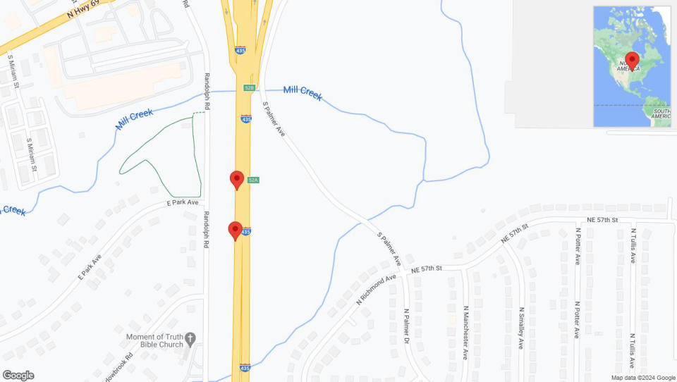 A detailed map that shows the affected road due to 'Broken down vehicle on southbound I-435 in Kansas City' on August 26th at 10:44 p.m.