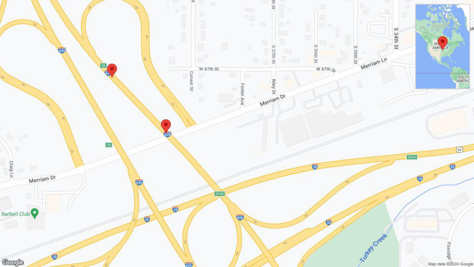 A detailed map that shows the affected road due to 'Broken down vehicle on northbound I-635 in Shawnee' on August 26th at 6:32 p.m.