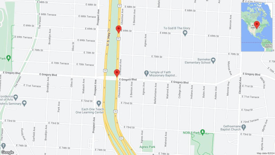 A detailed map that shows the affected road due to 'Broken down vehicle on northbound the Bruce R Watkins Expressway/US-71 in Kansas City' on August 26th at 7:26 p.m.