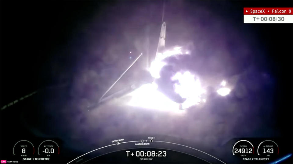 At the moment of touchdown, flames erupted and one landing leg collapsed. / Credit: SpaceX