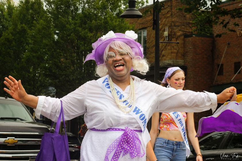 Activist Ms. Darryl Demure (purple hat) has hosted and produced "Harper's Bazzaroworld Presents The Ms. Demure Show" on DATV in Dayton, Ohio, for more than 25 years. It is the nation's oldest LGBTQ+ public access variety talk show.