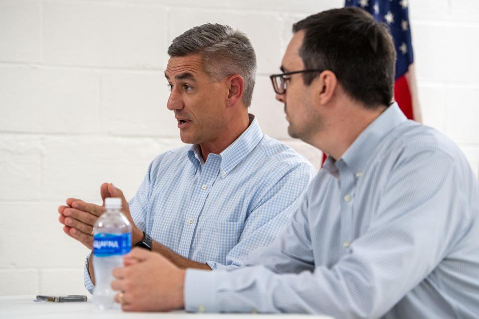 Brian Turner, who is running unopposed for the new North Carolina state House District 116 covering Asheville and central Buncombe, speaks during a Democratic roundtable, August 29, 2024.