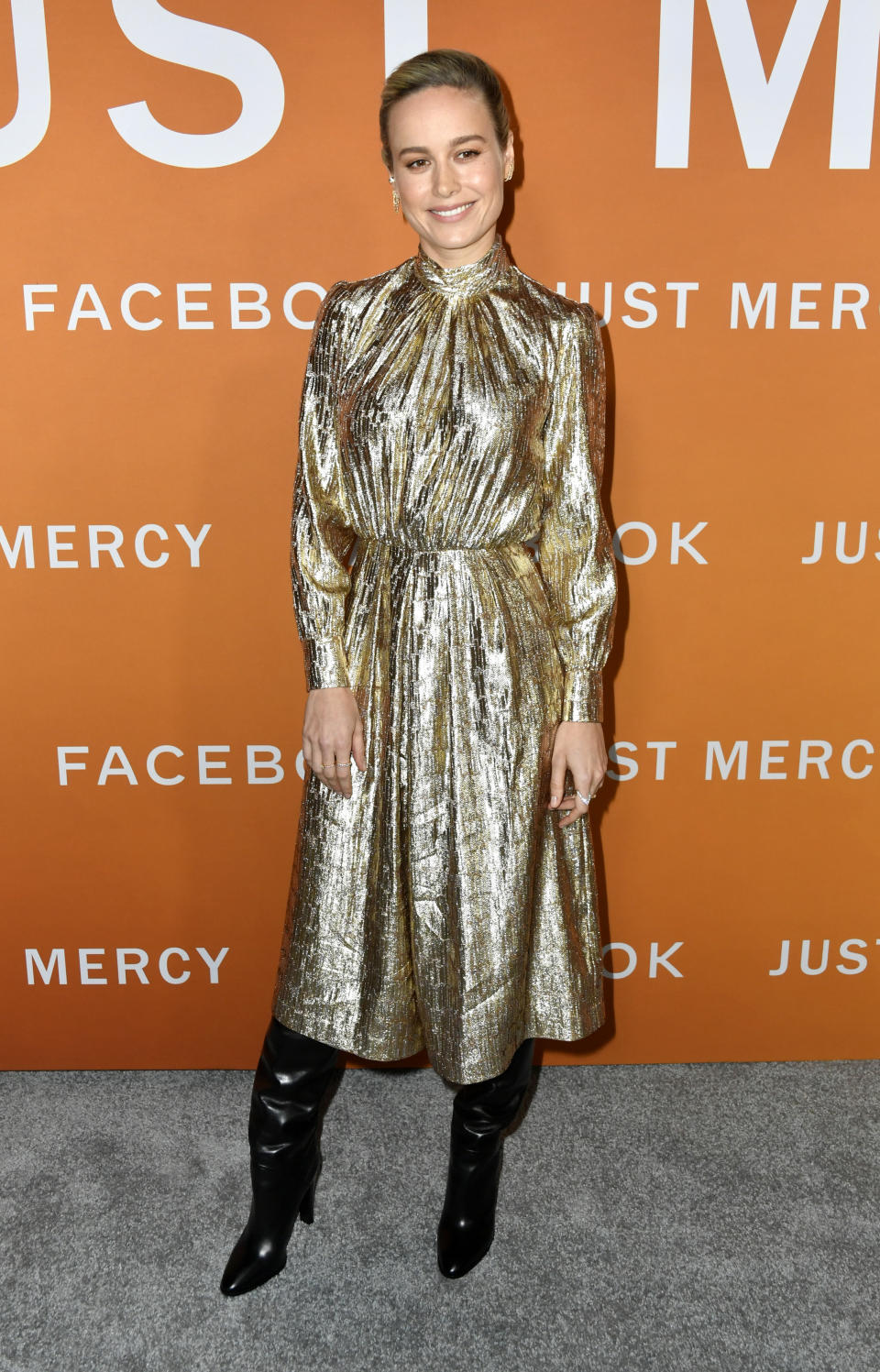 brie larson, premiere, screening, red carpet, black boots, gold dress