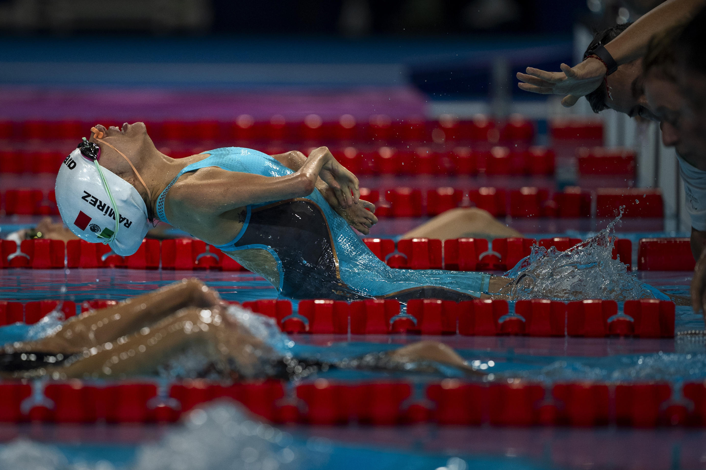 Swimmers at the start of a race.