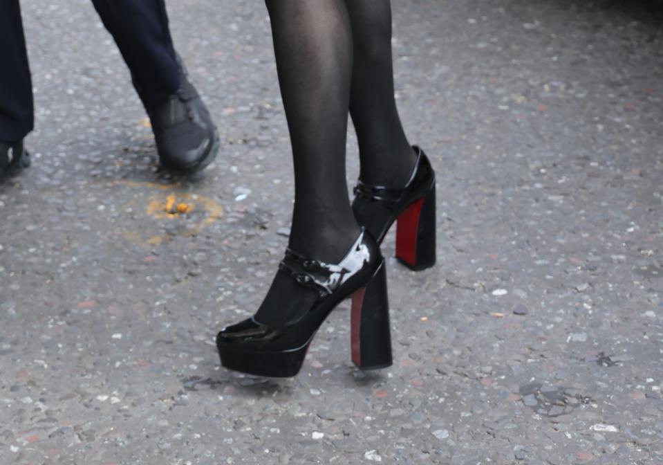 Catherine O'Hara, "Beetlejuice Beetlejuice," Christian Louboutin, leather, platform, red bottoms, suit, London