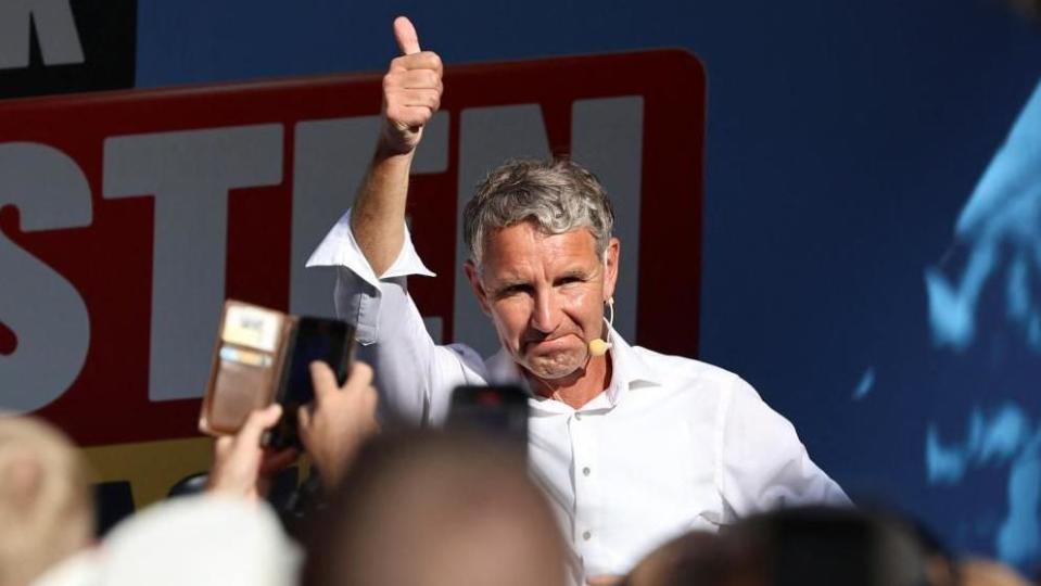 Björn Höcke, leader of the Alternative for Germany in Thuringia (AfD), gestures during an election campaign rally for the Thuringia state elections in Nordhausen, Germany, August 29, 2024.