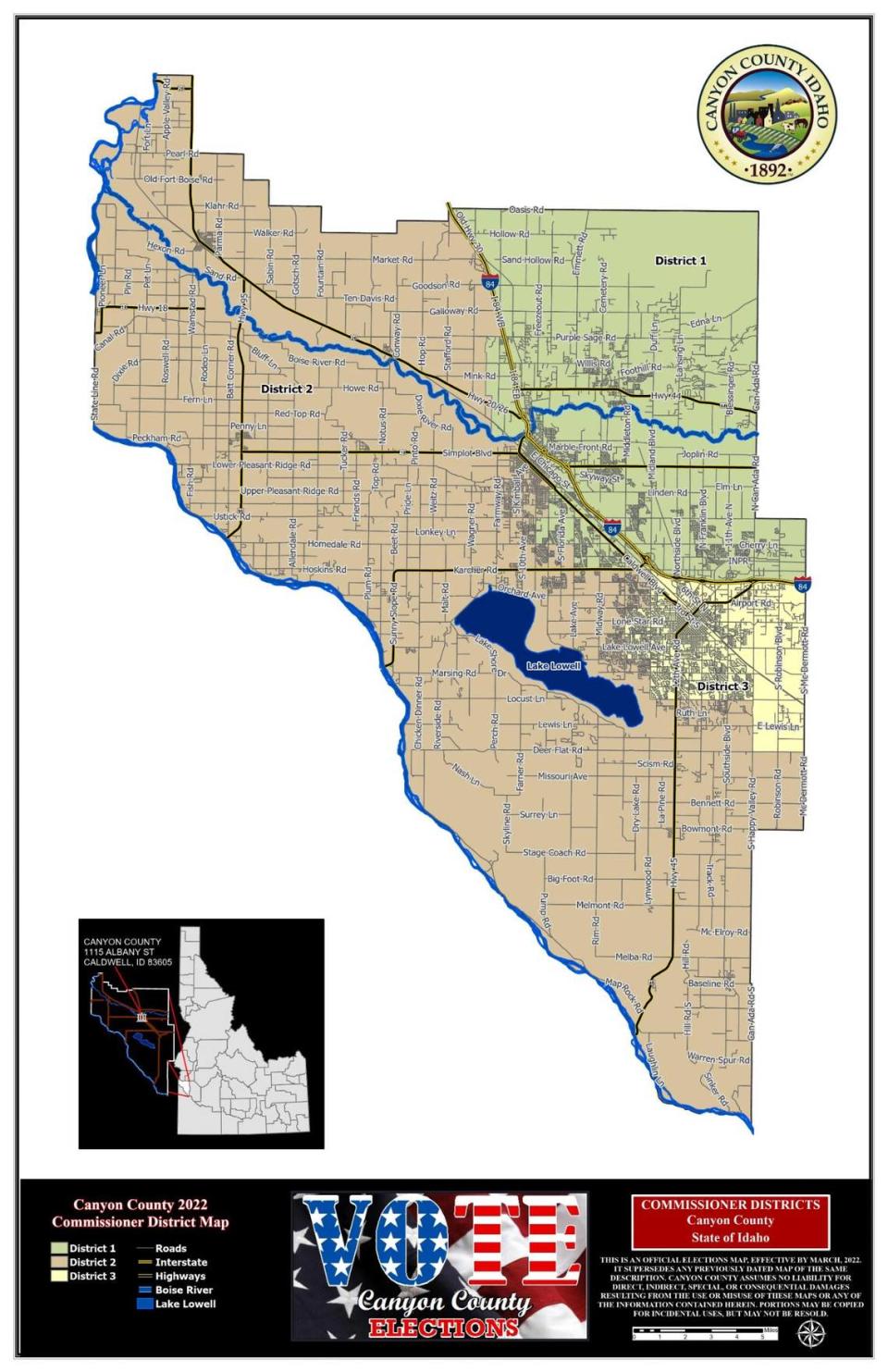 The map shows the Canyon County Commission districts. District 1 is the northeast section of the county. District 2 encompasses west Nampa and Caldwell and the northern most part of the county. District 3 includes Nampa.