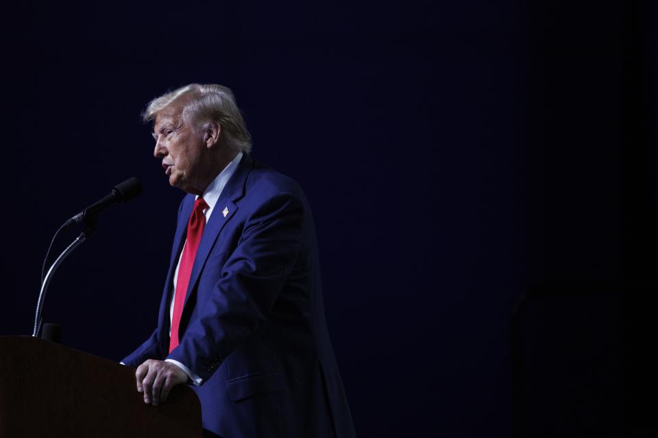 DETROIT, MI, AUGUST 26: 

Republican presidential nominee Donald Trump speaks at the Huntington Place Convention Center in Detroit, Michigan, on August 26, 2024. Trump traveled to Detroit before attending the 146th annual National Guard
Association of the United States conference. (Photo by Tom Brenner for The Washington Post via Getty Images)