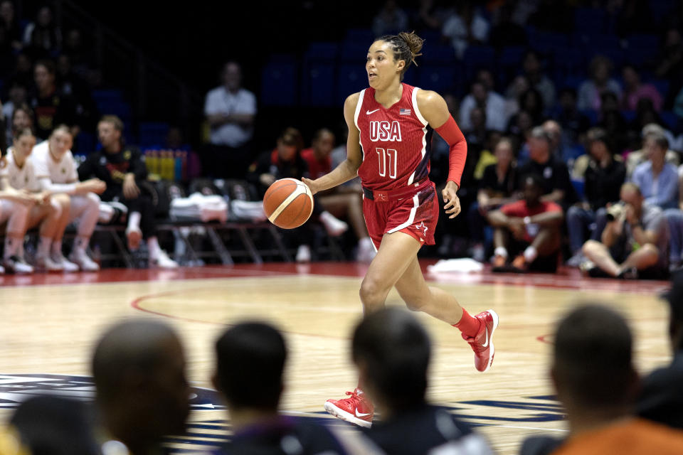 LONDON, ENGLAND: JULY 23:  Napheesa Collier #11 of the United States in action during the USA V Germany, USA basketball showcase Womens basketball match in preparation for the Paris Olympic Games at The O2 Arena on July 23rd, 2024, in London, England. (Photo by Tim Clayton/Corbis via Getty Images)