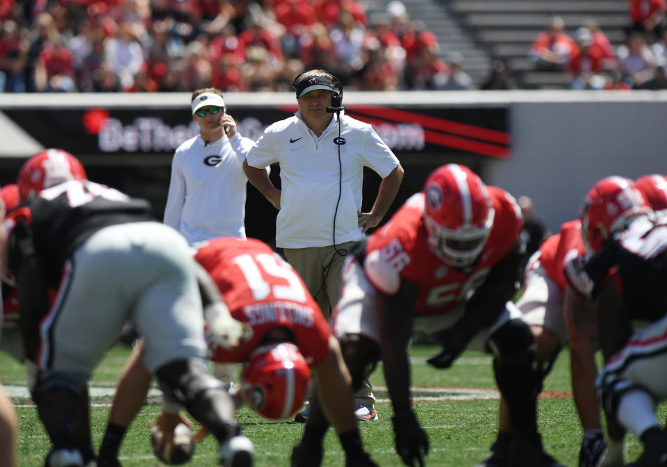 Athens, GA - APRIL 13: Georgia Bulldogs Head Coach Kirby Smart looks on during the G-Day Red and Black Spring Game on April 13, 2024, Sanford Stadium in Athens, GA. (Photo by Jeffrey Vest/Icon Sportswire via Getty Images)