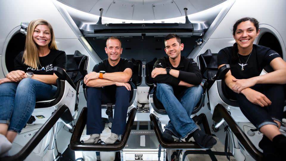 Polaris Dawn crew members — including, from left, Anna Menon, Scott Poteet, Jared Isaacman and Sarah Gillis — are seen inside a SpaceX Crew Dragon capsule. - Polaris Program/John Kraus