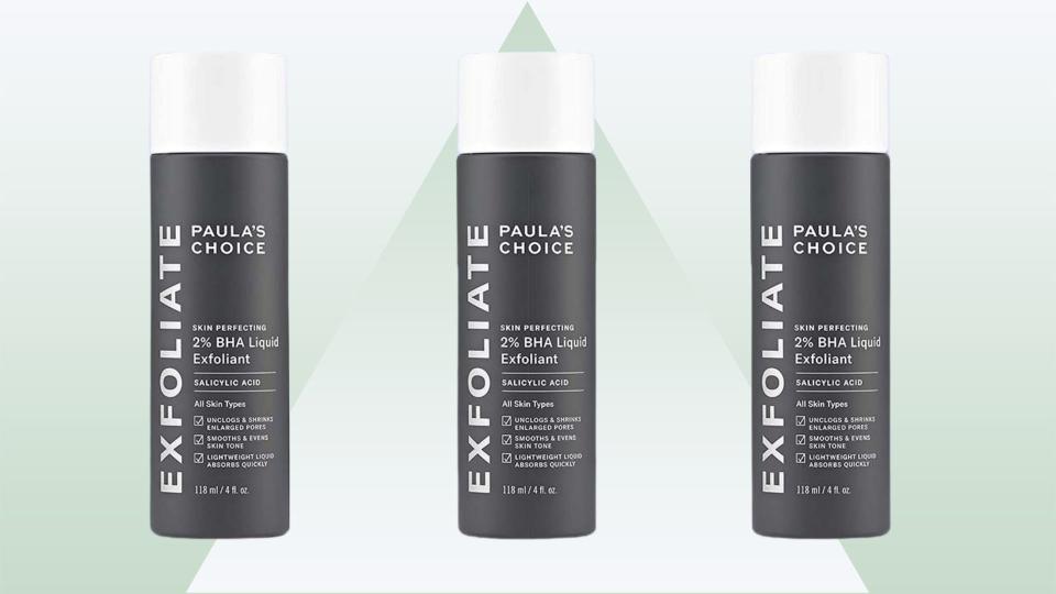 three bottles of paula's choice exfoliator on a green background