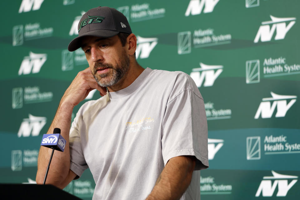 FLORHAM PARK, NEW JERSEY - MAY 21: Aaron Rodgers #8 of the New York Jets speaks to the media during the New York Jets OTA Offseason Workout at Atlantic Health Jets Training Center on May 21, 2024 in Florham Park, New Jersey. (Photo by Sarah Stier/Getty Images)