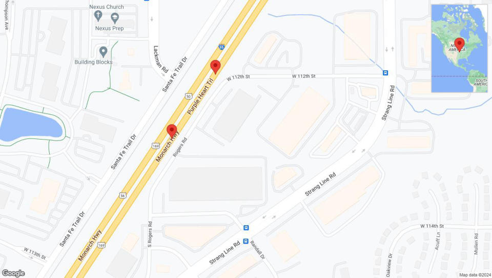 A detailed map that shows the affected road due to 'Broken down vehicle on eastbound I-35 in Lenexa' on August 2nd at 10:59 p.m.