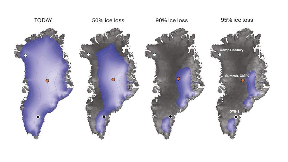 Four maps of Greenland show ice loss at various stages, calculated by model