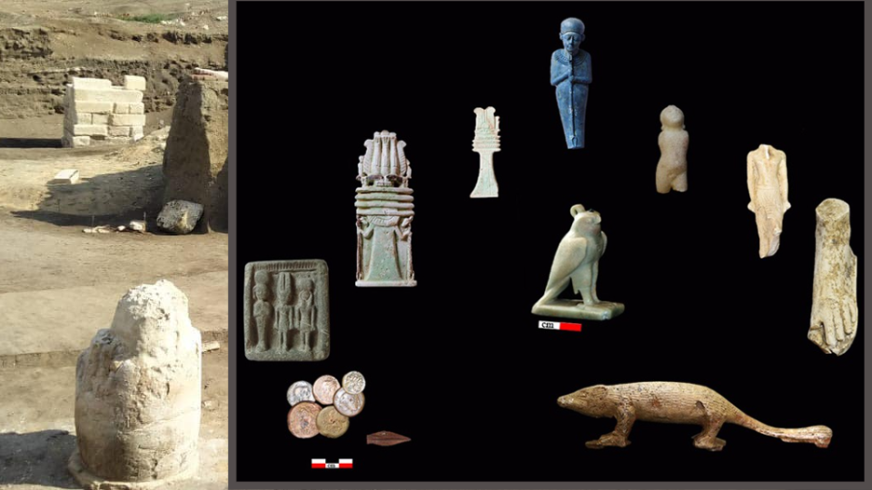  Two images, one showing a temple at left and another showing several small artefacts. 