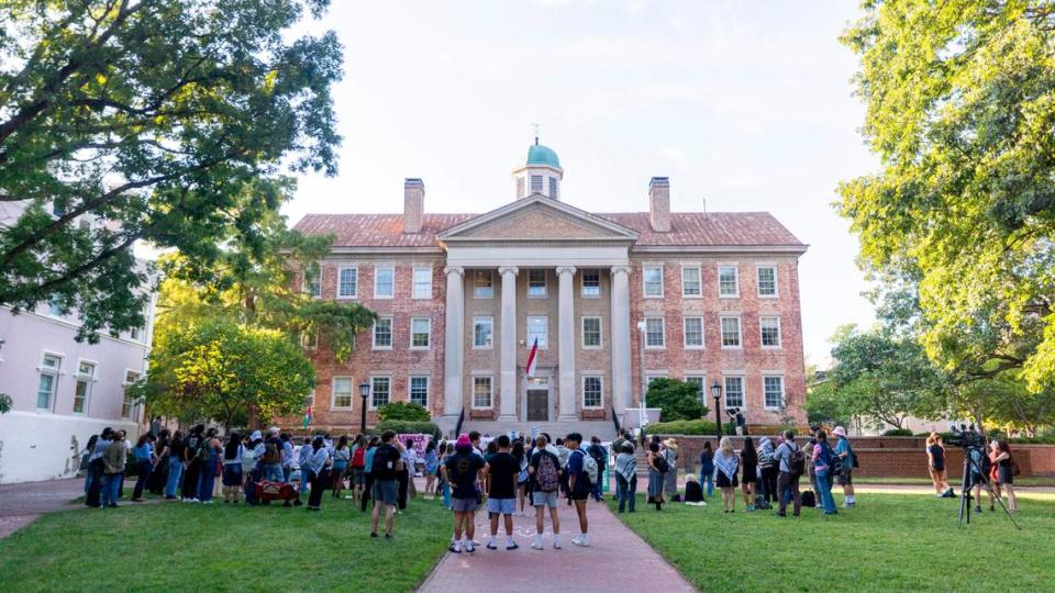 Pro-Palestinian demonstrators rally outside UNC-Chapel Hill’s South Building on Thursday, Aug. 22, 2023. The campus chapter of Students for Justice for Palestine hosted a “disorientation” event, drawing dozens of demonstrators.