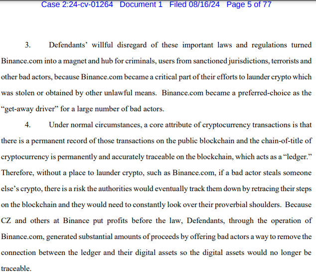 Binance and CZ Face Money Laundering Lawsuit, Source: Court Filing.