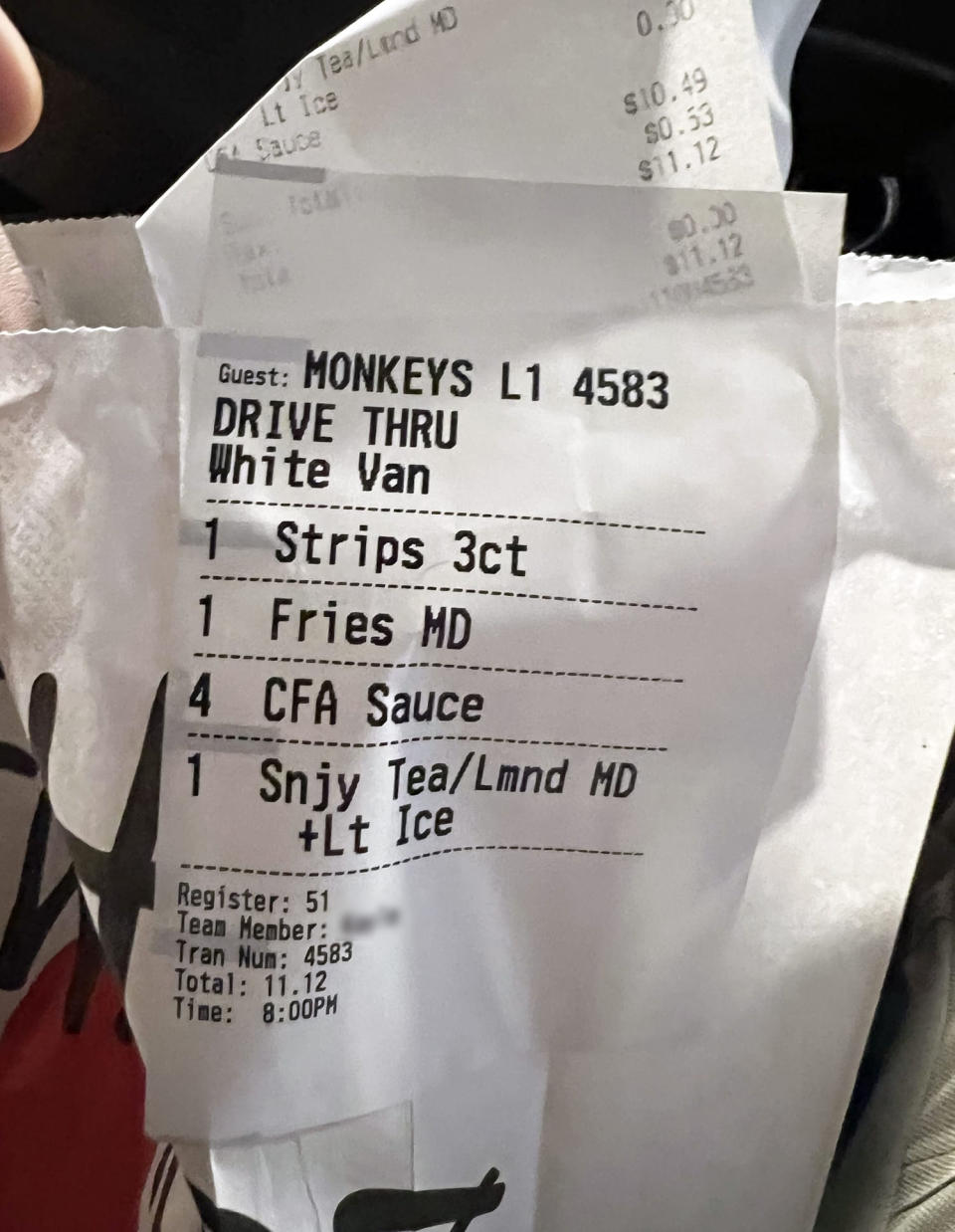 A photo of the receipt on Marquise Vanzego's Chick-fil-A drive-thru order. (Courtesy Marquise Vanzego)