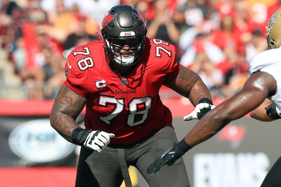 TAMPA, FL - DECEMBER 31: Tampa Bay Buccaneers Offensive Tackle Tristan Wirfs (78) run blocks during the regular season game between the New Orleans Saints and the Tampa Bay Buccaneers on December 31, 2023 at Raymond James Stadium in Tampa, Florida. (Photo by Cliff Welch/Icon Sportswire via Getty Images)