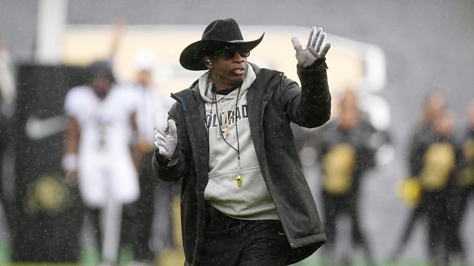 Colorado head coach Deion Sanders directs his team during the first half of an NCAA spring college football game Saturday, April 27, 2024, in Boulder, Colo. (AP Photo/David Zalubowski)