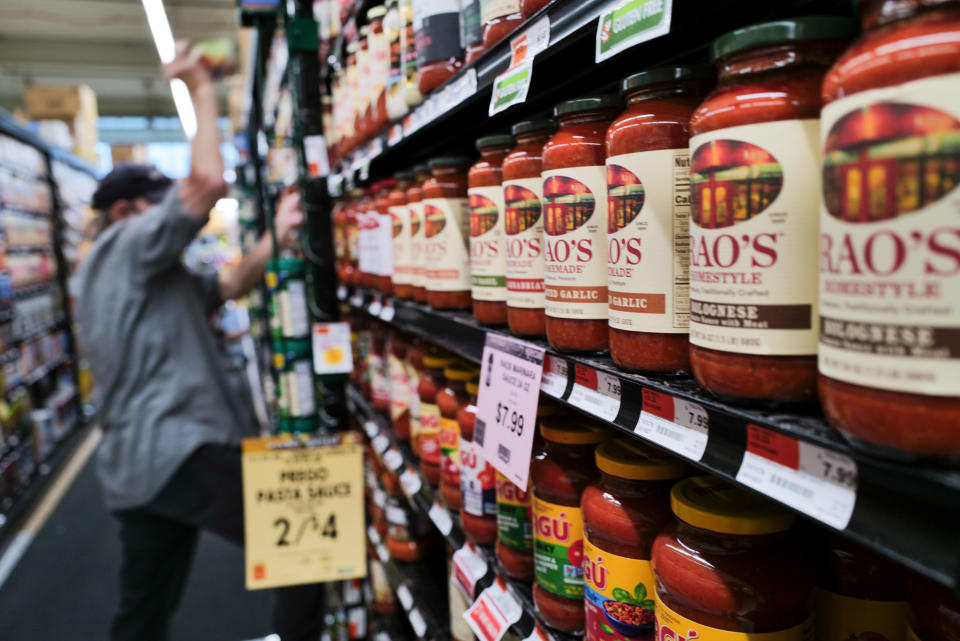 NEW YORK, NEW YORK - AUGUST 07: Jars of Rao's sauces are displayed along a grocery store's shelves on August 07, 2023 in New York City. U.S. packaged food maker Campbell Soup has announced that it will be buying Michael Angelo's and Rao's owner Sovos Brands (SOVO.O) for $2.33 billion in cash. This would be Campbell's largest acquisition since it paid $4.87 billion to buy pretzel leader Snyder's-Lance in 2018. (Photo by Spencer Platt/Getty Images)