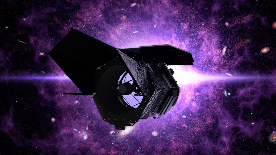 A dark conical spacecraft against a purple cloud