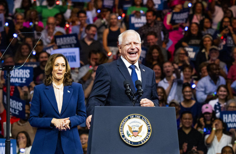 Minnesota Gov. Tim Walz speaks to the crowd during the rally to introduce him as Vice President Kamala Harris’ running mate on Aug. 6, 2024 in Philadelphia. (Pete Kiehart for NBC News)