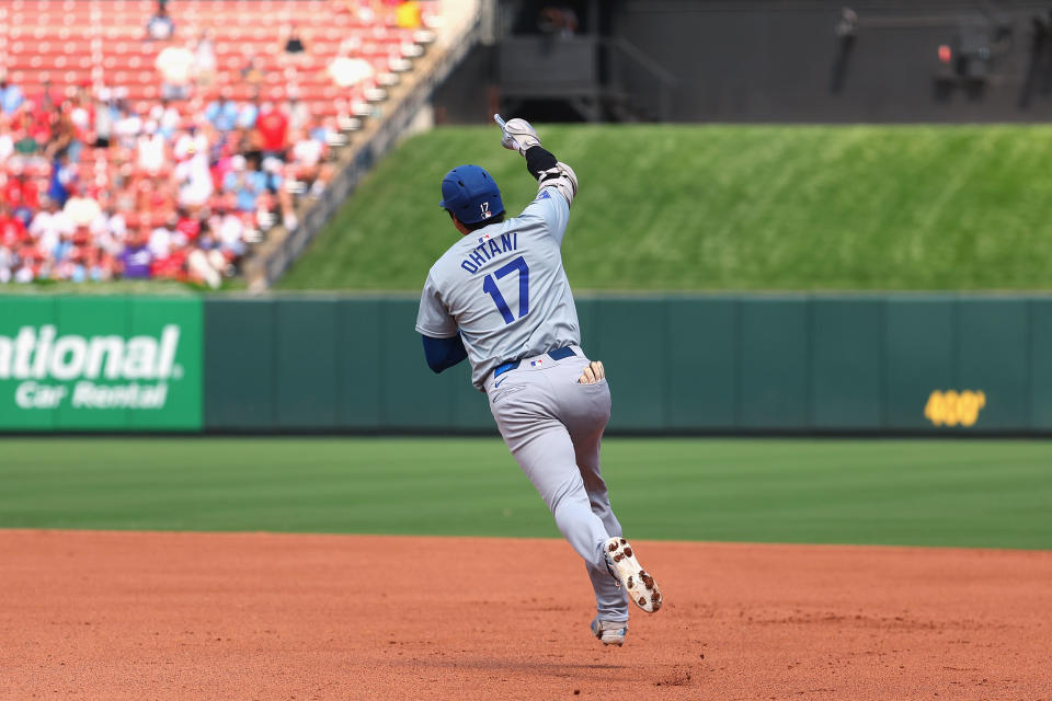 ST LOUIS, MISSOURI - AUGUST 18: Shohei Ohtani #17 of the Los Angeles Dodgers rounds the bases after hitting a home run against the St. Louis Cardinals in the fifth inning at Busch Stadium on August 18, 2024 in St Louis, Missouri. (Photo by Dilip Vishwanat/Getty Images)