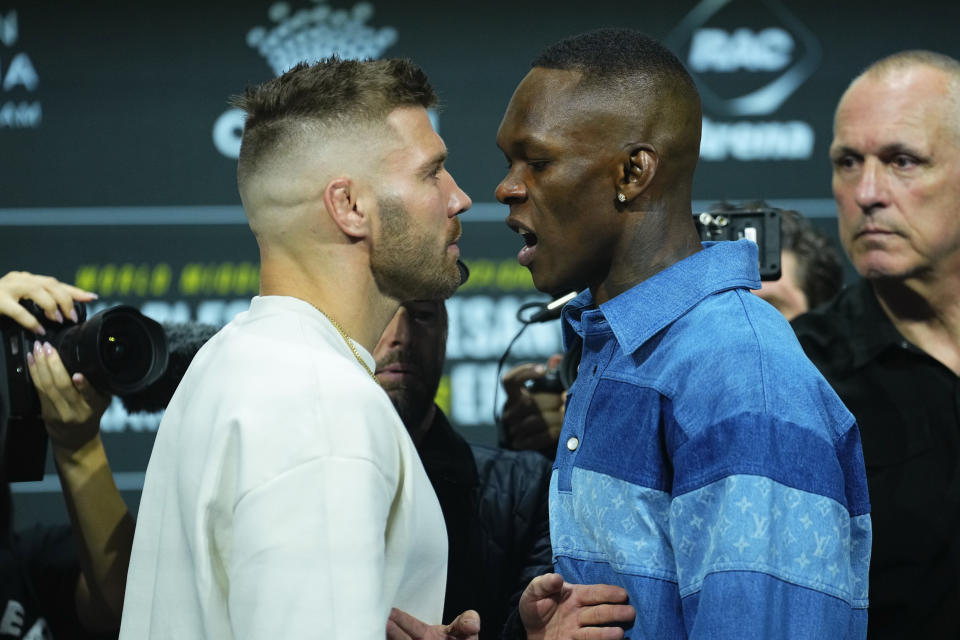 PERTH, AUSTRALIA - AUGUST 16: (L-R) Opponents Dricus Du Plessis of South Africa and Israel Adesanya of Nigeria face off during the UFC 305 press conference at RAC Arena on August 16, 2024 in Perth, Australia. (Photo by Jeff Bottari/Zuffa LLC)