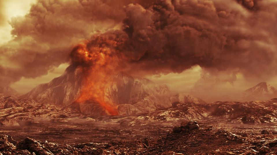 a red rocky landscape with an erupting volcano blanketed by thick brown smoke