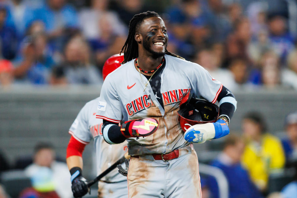 Elly De La Cruz came around to score on Wednesday after securing his 60th stolen base of the season. (Cole Burston/Getty Images)