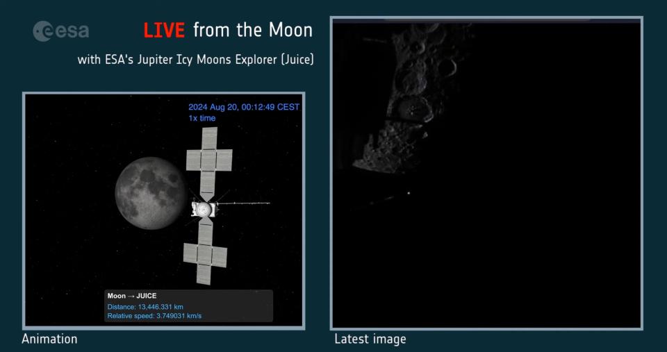  At left: illustration of a spacecraft with the moon in the background. At right: dark, blurry image of the moon's limb against the darkness of space. 