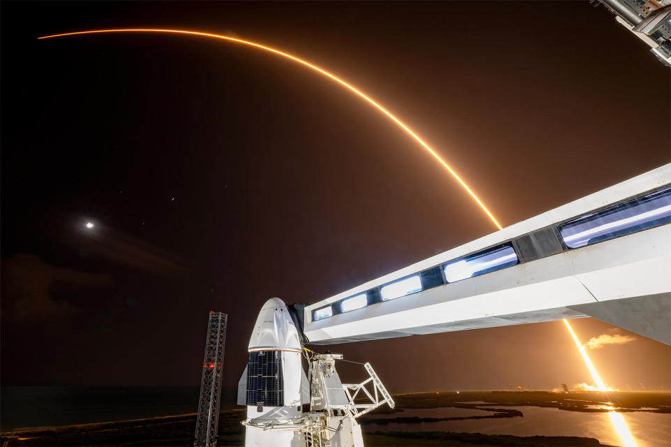 A time exposure photo captures the fiery trail of a Falcon 9 rocket climbing away from the Cape Canaveral Space Force Station early Wednesday on a flight to deploy 21 Starlink internet satellites. This photo was taken from pad 39A at the nearby Kennedy Space Center, where the Polaris Dawn mission awaits liftoff on a commercial flight featuring the first non-government spacewalk. That flight now is on hold pending an investigation into what caused the first stage of the Starlink rocket to crash-land during touchdown on an offshore SpaceX droneship. / Credit: SpaceX