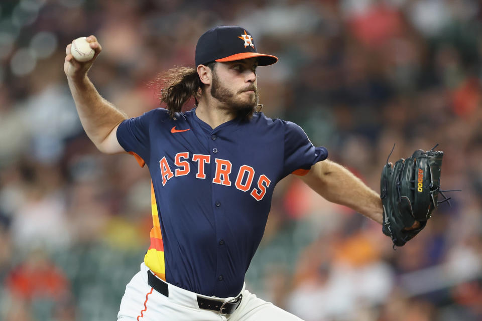 Spencer Arrighetti #41 of the Houston Astros pitches in the first inning against the Tampa Bay Rays at Minute Maid Park on August 04, 2024 in Houston, Texas. (Photo by Tim Warner/Getty Images)