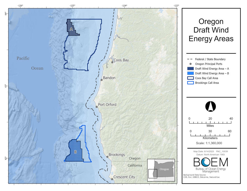  A map of the wind energy areas identified for potential offshore floating wind energy farms. (Bureau of Ocean Energy Management)