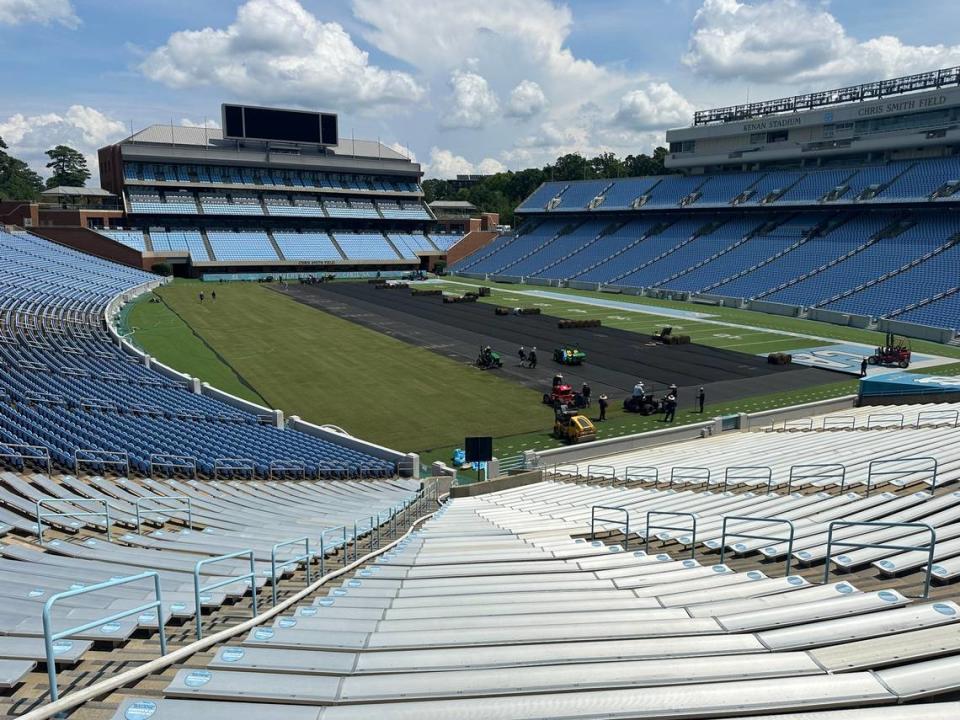 A snapshot of Carolina Green Corp installing grass over the turf at Kenan Memorial Stadium, home of the North Carolina Tar Heels in Chapel Hill. CGC has customers across the country.