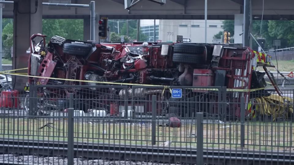 Firetruck Falls Off Texas Interstate And Onto Railroad Tracks Below